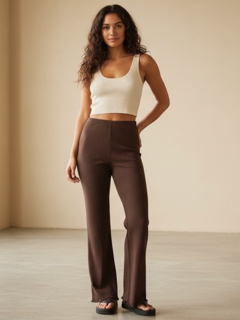 Abound Women's‎ Pull-On High Waist Stretch Ribbed Wide Leg Pants Size Large